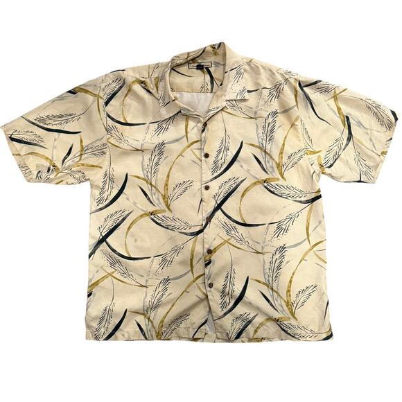 Tommy Bahama 100% Silk Hawaiian Camp Shirt XL Beige Palm Leaf Print Resort Aloha - Picture 1 of 7